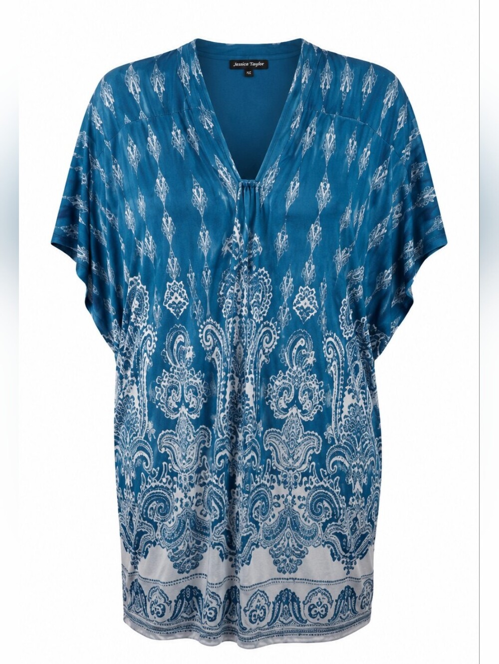 Jessica Taylor 1X Blue Paisley Tunic Top  V-Neck Tie Front Beach Cover-Up